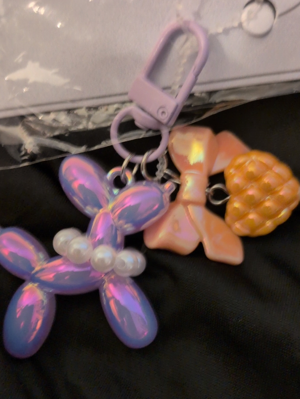 Iridescent Purple Balloon Dog Bag Charm/ Keychain Peach Bow & Pineapple Charms